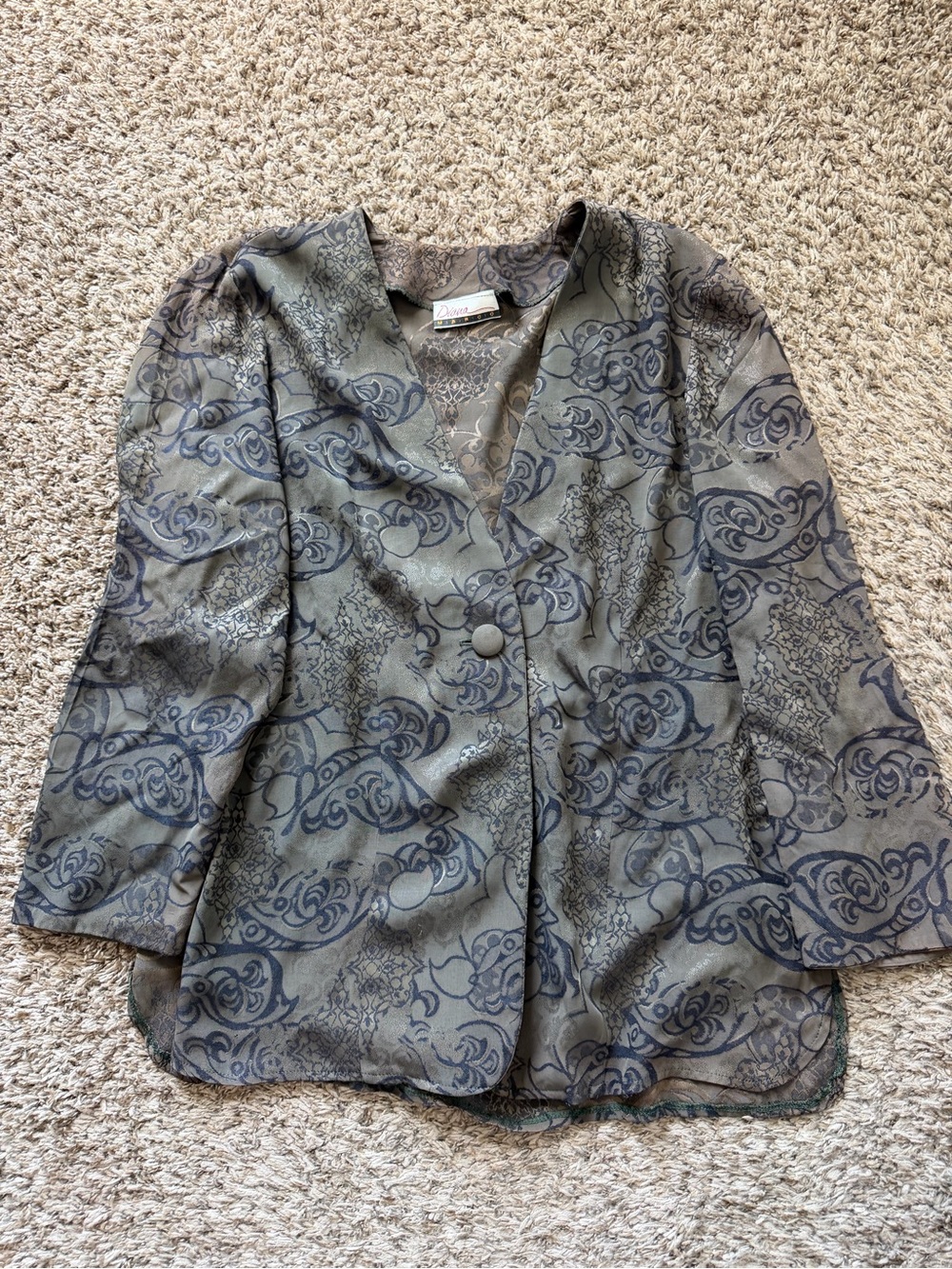 Vintage Diana Marco Paisley Jacquard Blazer Olive Grey XL 16/18